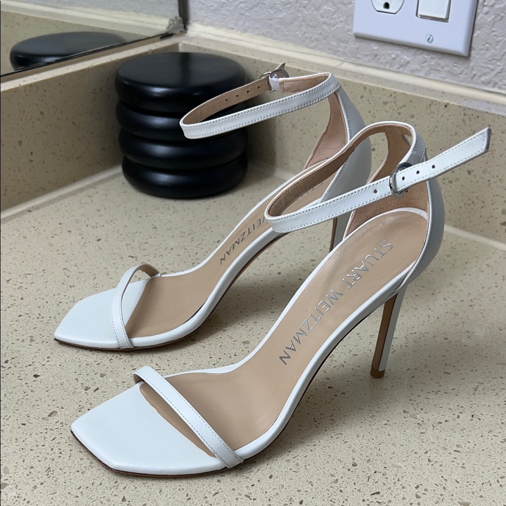Stuart Weitzman Elegant White Ankle Strap Heels